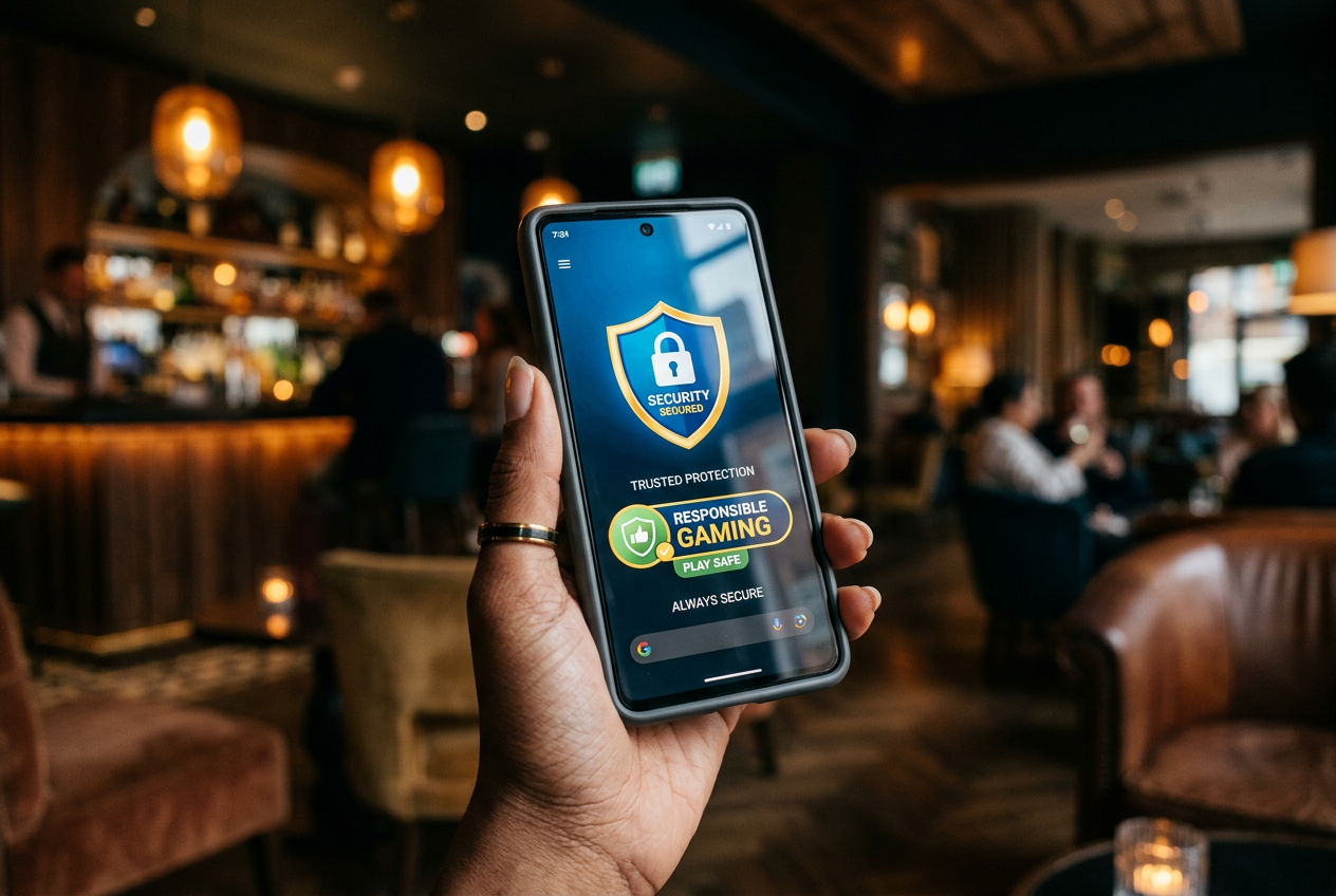 A close-up of a smartphone screen showing a security shield and responsible gaming icon.