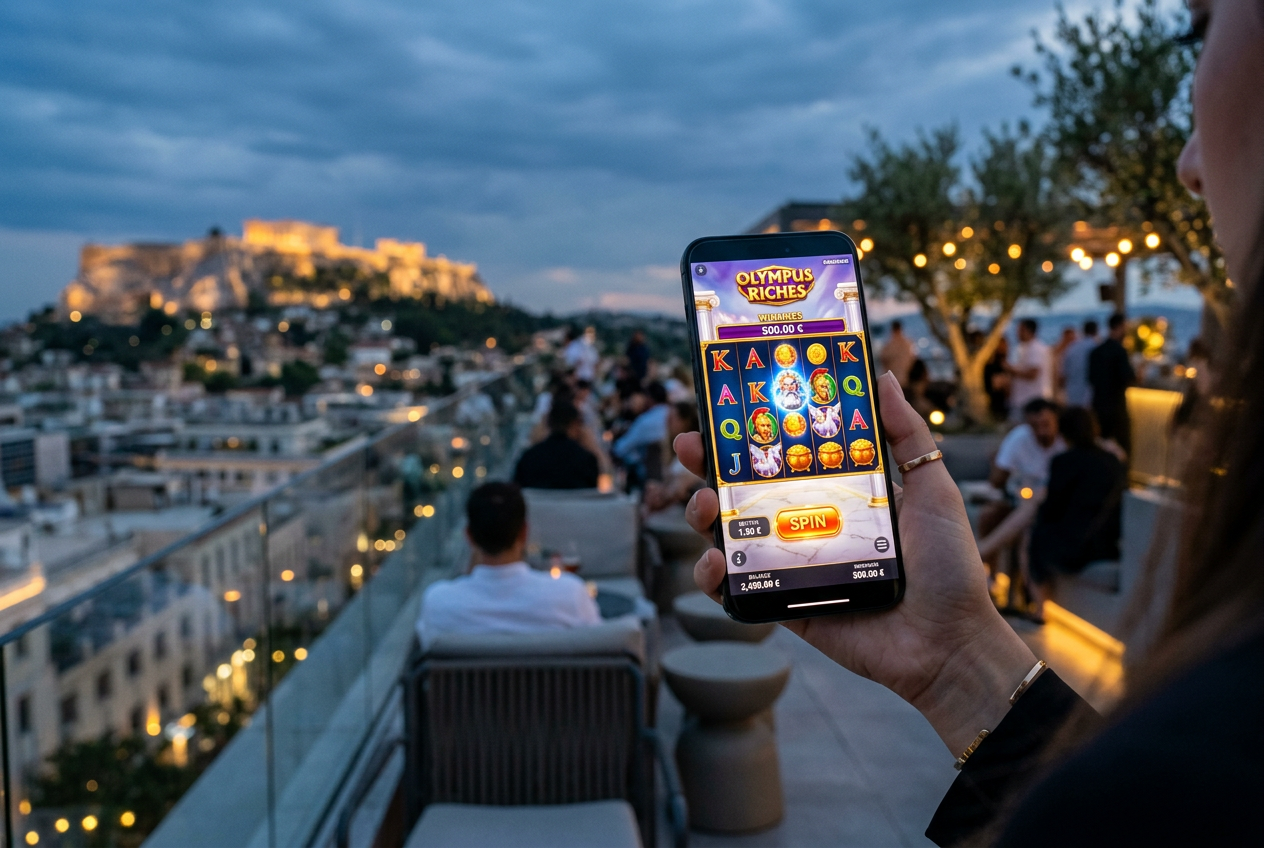 Μια σύγχρονη πλατφόρμα online καζίνο σε smartphone με φόντο την Αθήνα.