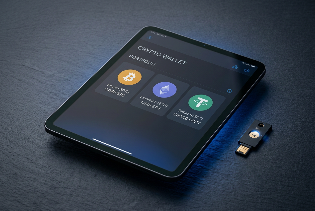 Tablet showing cryptocurrency icons for casino payments